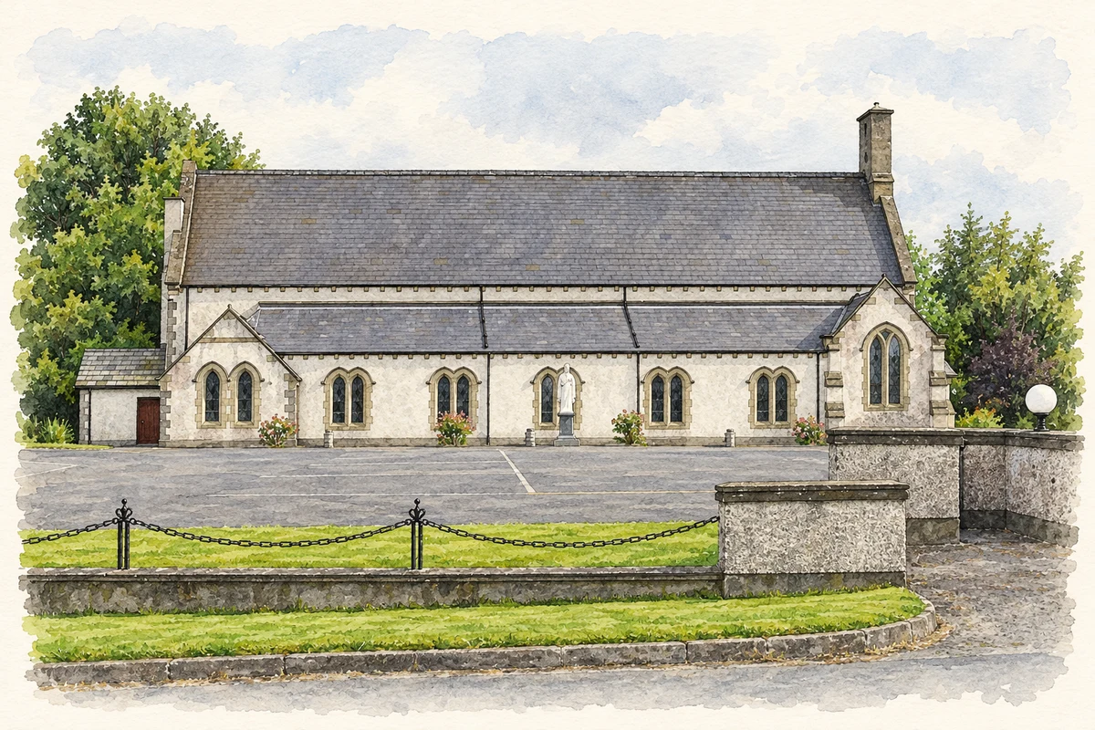 Watercolour and fine ink illustration of Saint Patrick's Church at Maudabawn, as photographed in July 2012.