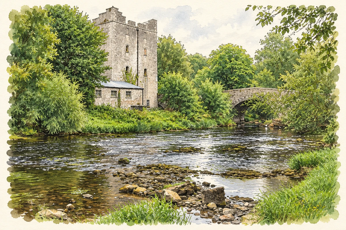 Watercolour and fine ink illustration of The mill tower and River Barrow at Milford, as photographed in August 2017.