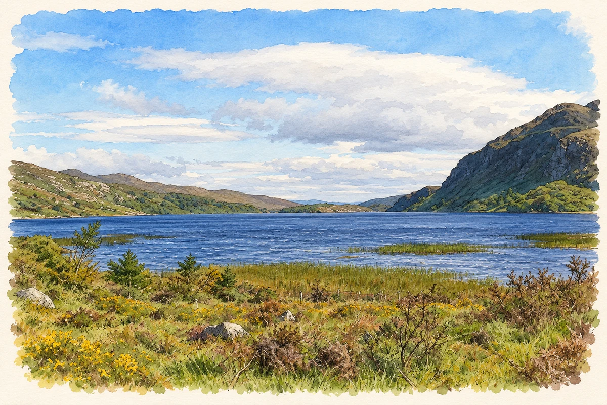 Watercolour and fine ink illustration of Southern Lough Caragh, as photographed in August 2007.