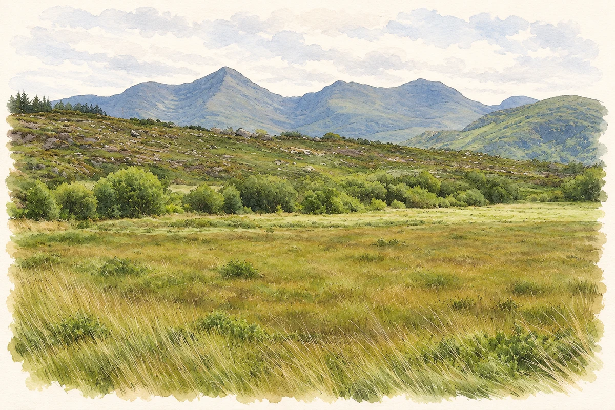 Watercolour and fine ink illustration of Glencar bog with Mullaghanattin beyond, County Kerry.