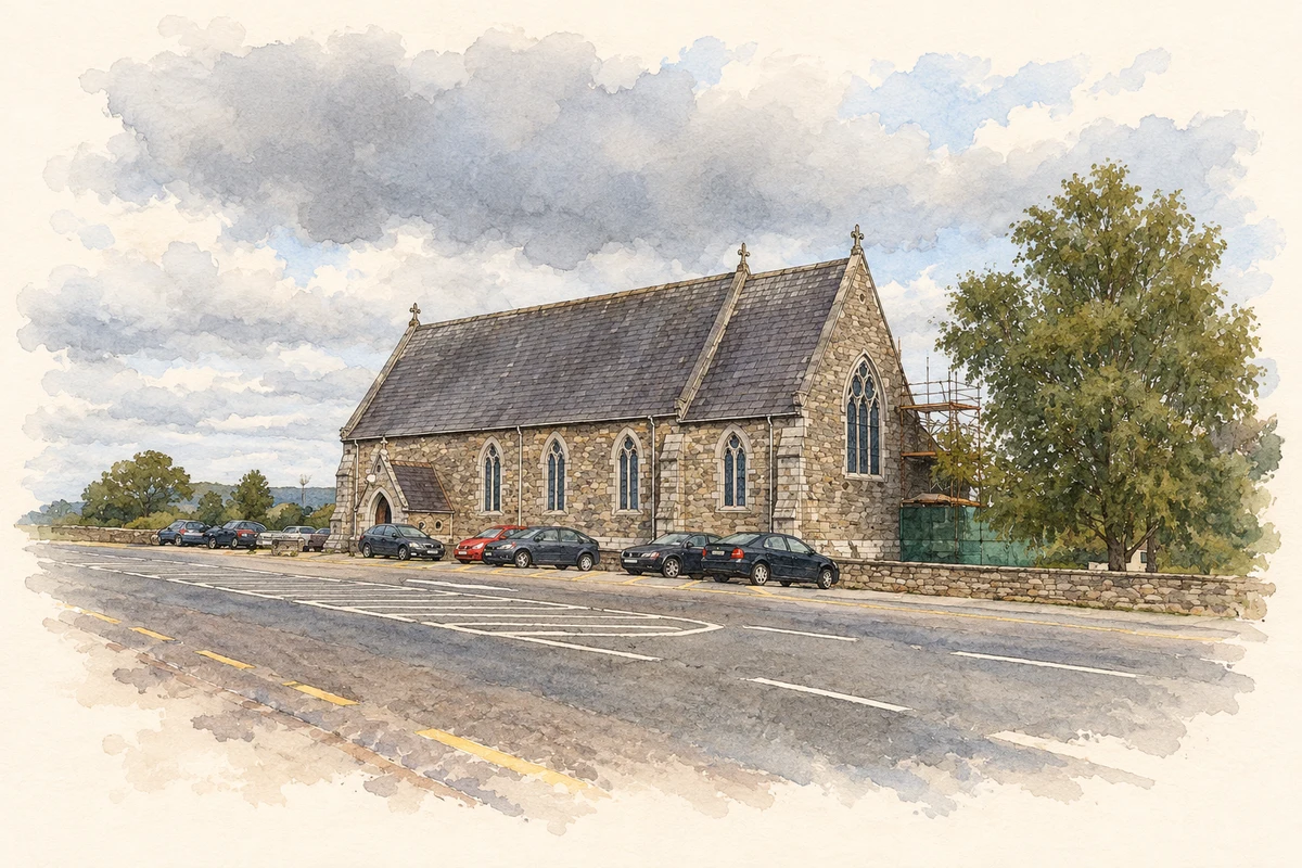 Watercolour and fine ink illustration of Saint Agatha’s Church near Glenflesk, as photographed in 2014.