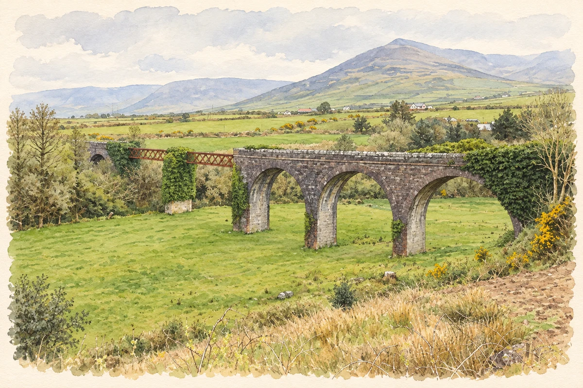Watercolour and fine ink illustration of Lispole Viaduct as photographed in April 2019.