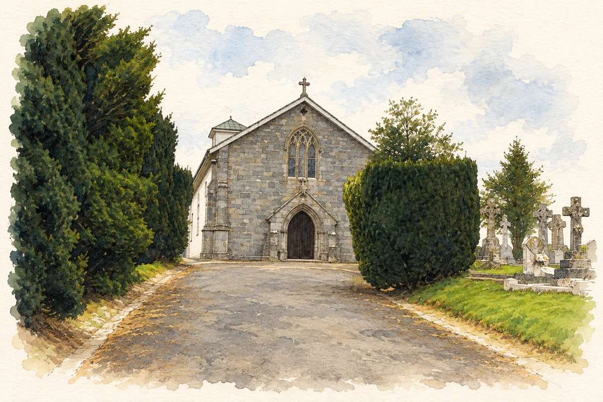 Watercolour and fine ink illustration of Holy Cross Church, Cuffesgrange.