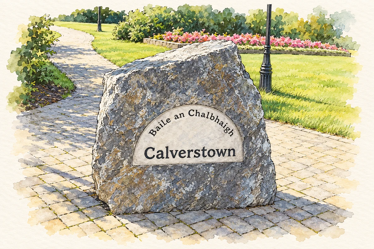 Watercolour and fine ink illustration of Village stone on the green, Calverstown.