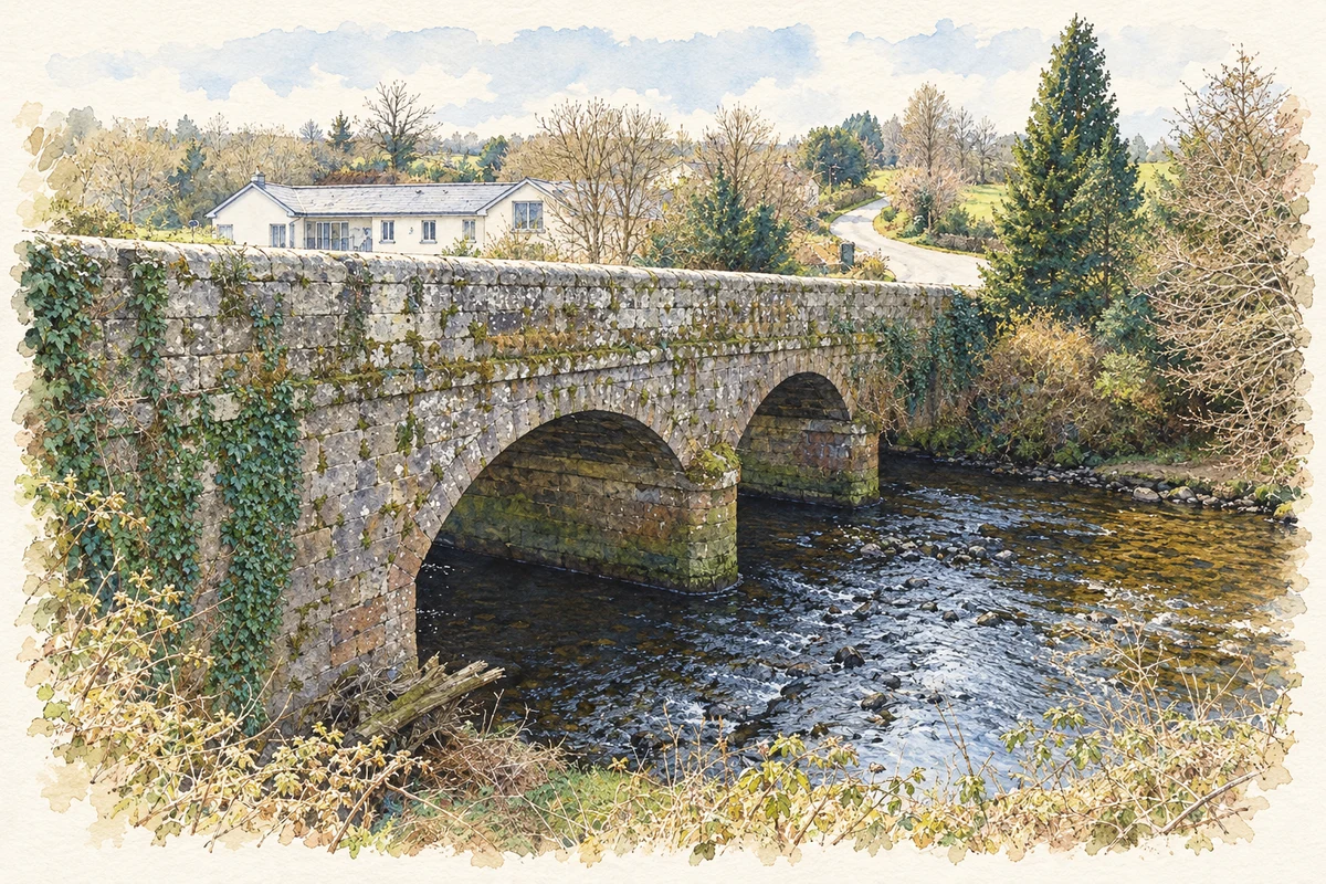 Watercolour and fine ink illustration of Greenan Bridge over the Avonbeg River, County Wicklow.