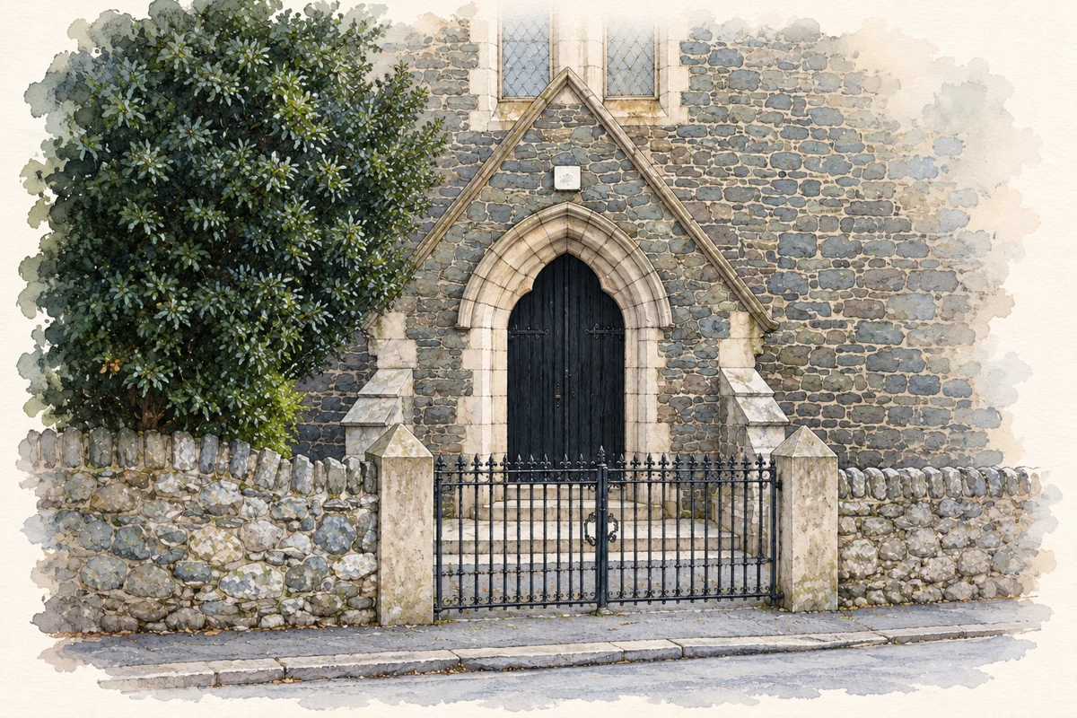 Watercolour and fine ink illustration of Entrance and gates of Saint Patrick's Church, Greystones.