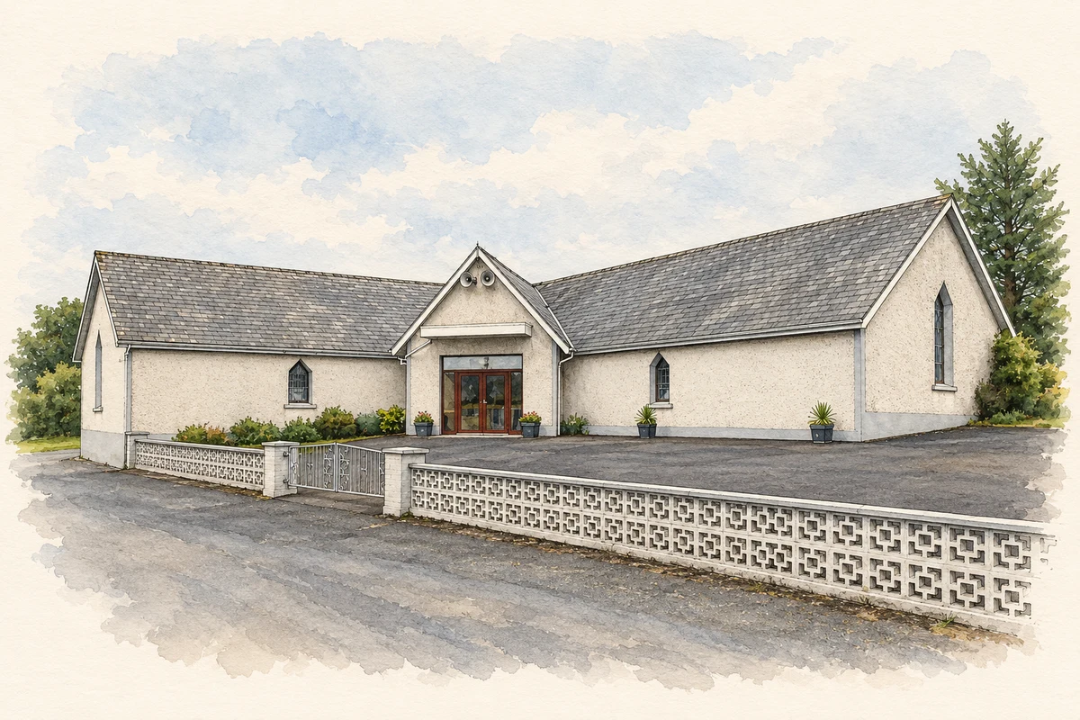 Watercolour and fine ink illustration of Church of the Immaculate Conception, Ballinruan, County Clare.