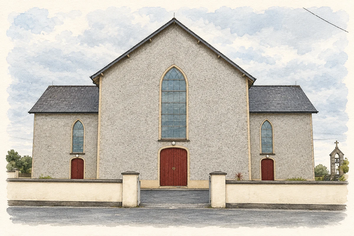 Watercolour and fine ink illustration of The church at O’Callaghansmills Old, as photographed in March 2009.