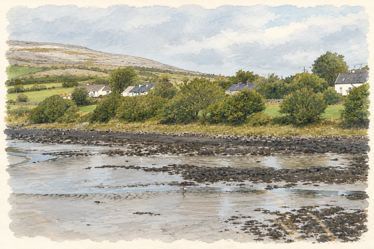Watercolour and fine ink illustration of Tidal inlet and Burren hills, Bealaclugga.