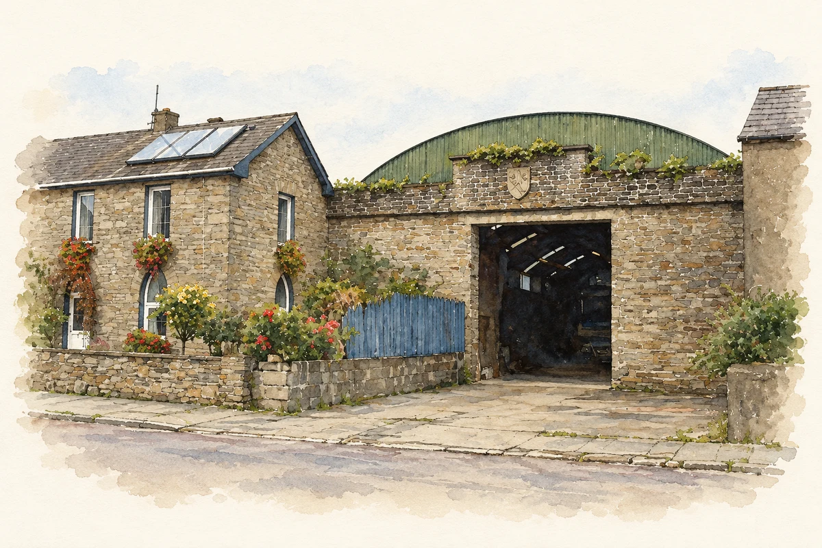 Watercolour and fine ink illustration of Former Market House entrance, Ballineen.