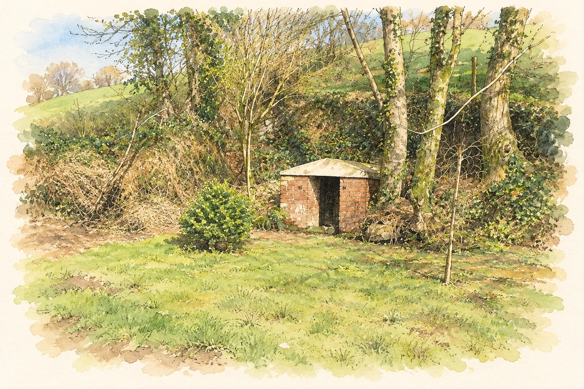 Watercolour and fine ink illustration of Holy wellhouse, Ballinhassig, County Cork.