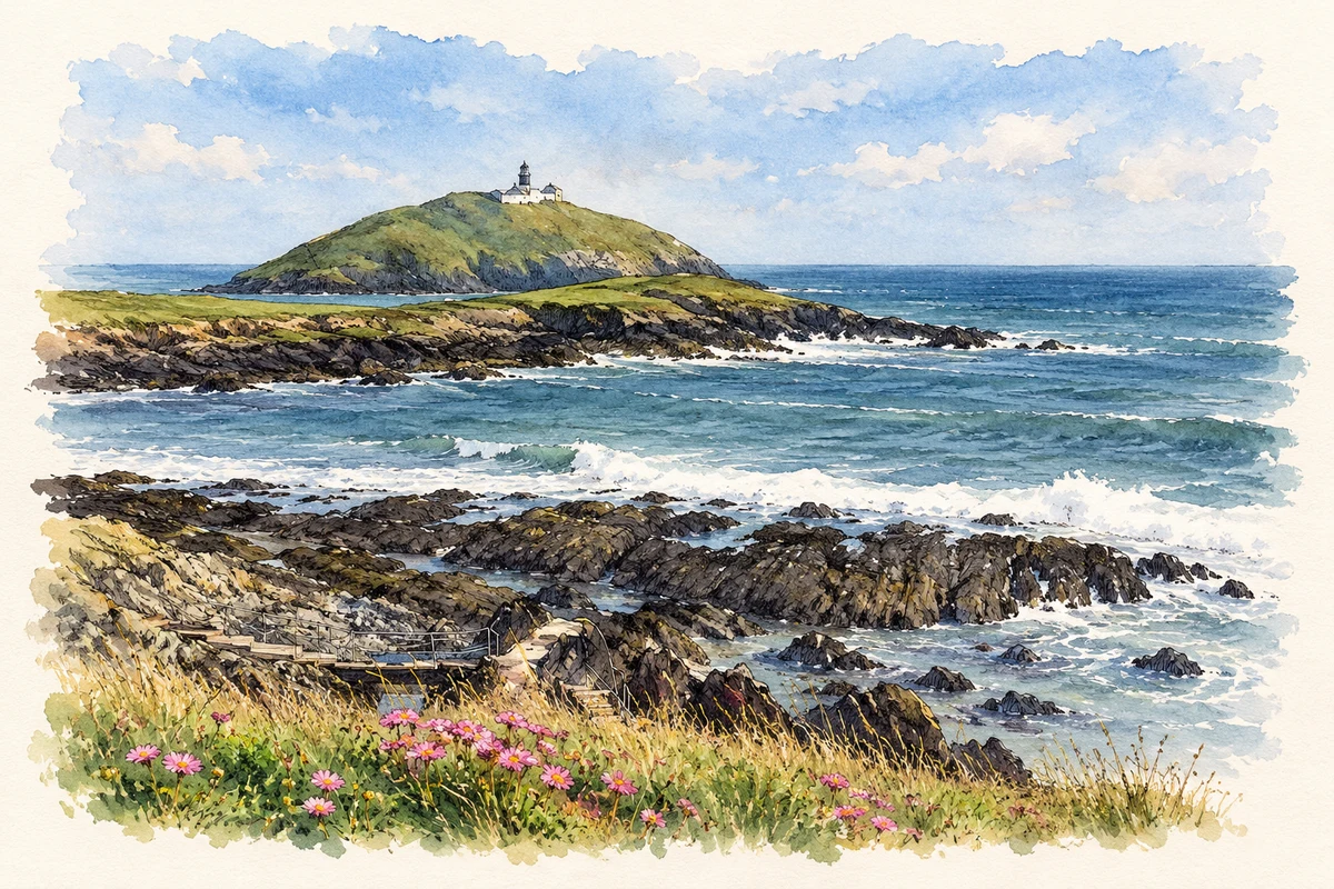 Watercolour and fine ink illustration of Ballycotton Island lighthouse seen from rocky coast.