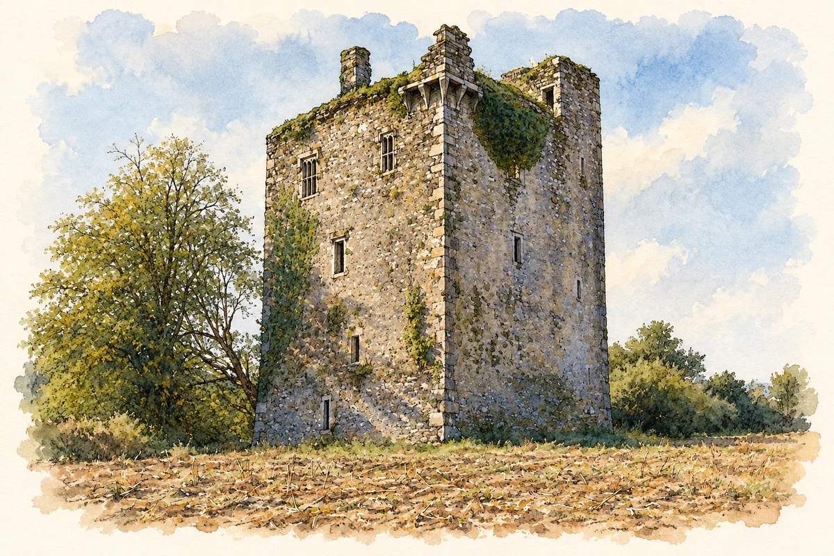Watercolour and fine ink illustration of Clodagh Castle near Crookstown.
