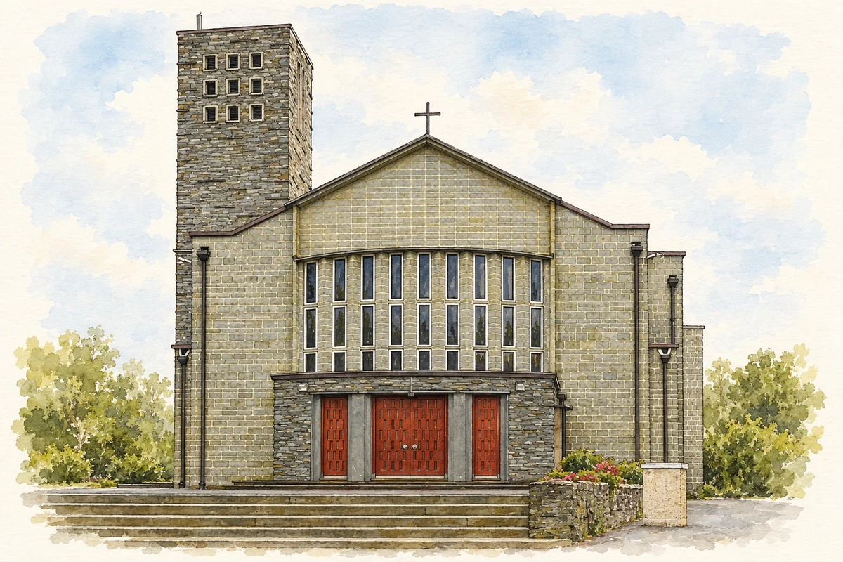 Watercolour and fine ink illustration of All Saints Church, Drimoleague.