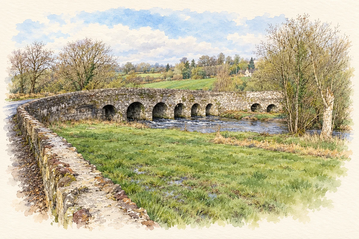 Watercolour and fine ink illustration of Dripsey Bridge in Dripsey.
