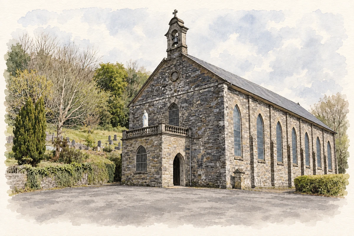 Watercolour and fine ink illustration of St Mary Church, Leap.