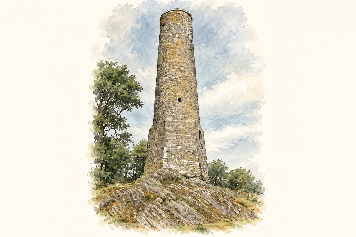 Watercolour and fine ink illustration of Kinneigh Round Tower near Castletown Kinneigh, County Cork.