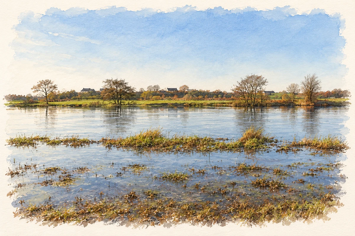 Watercolour and fine ink illustration of River Bann at Ballynease-Macpeake, near Ballynease.