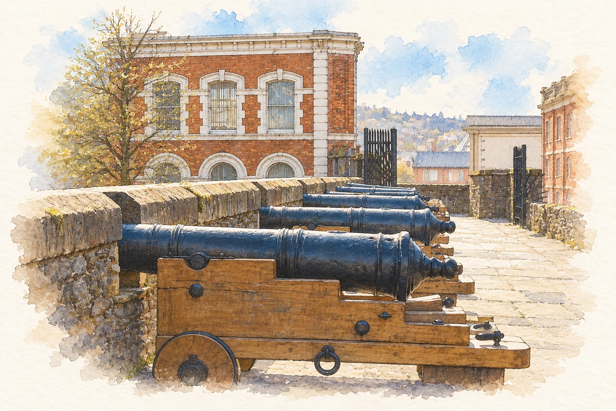Watercolour and fine ink illustration of City walls and cannon in Derry.