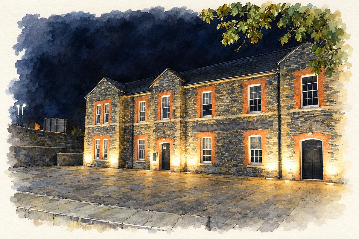 Watercolour and fine ink illustration of Cunningham Building, Ebrington Square, as photographed in 2021.