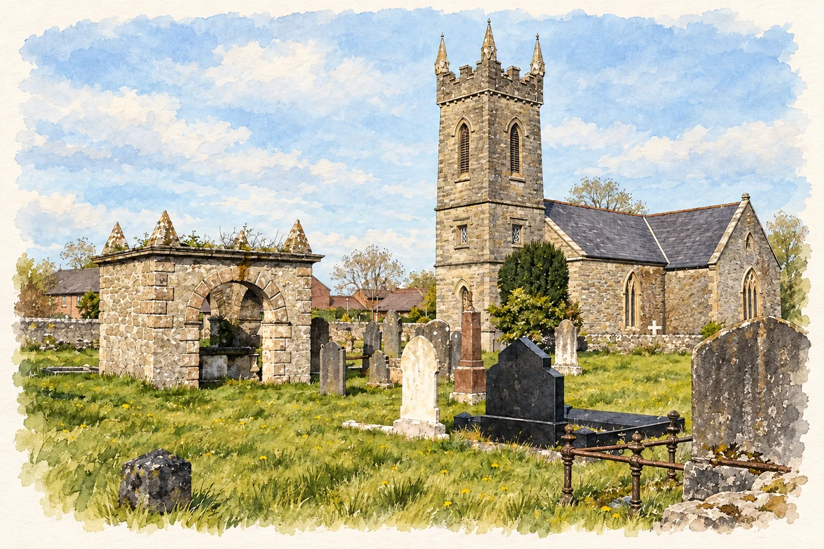 Watercolour and fine ink illustration of St Canice's Church, Eglinton.