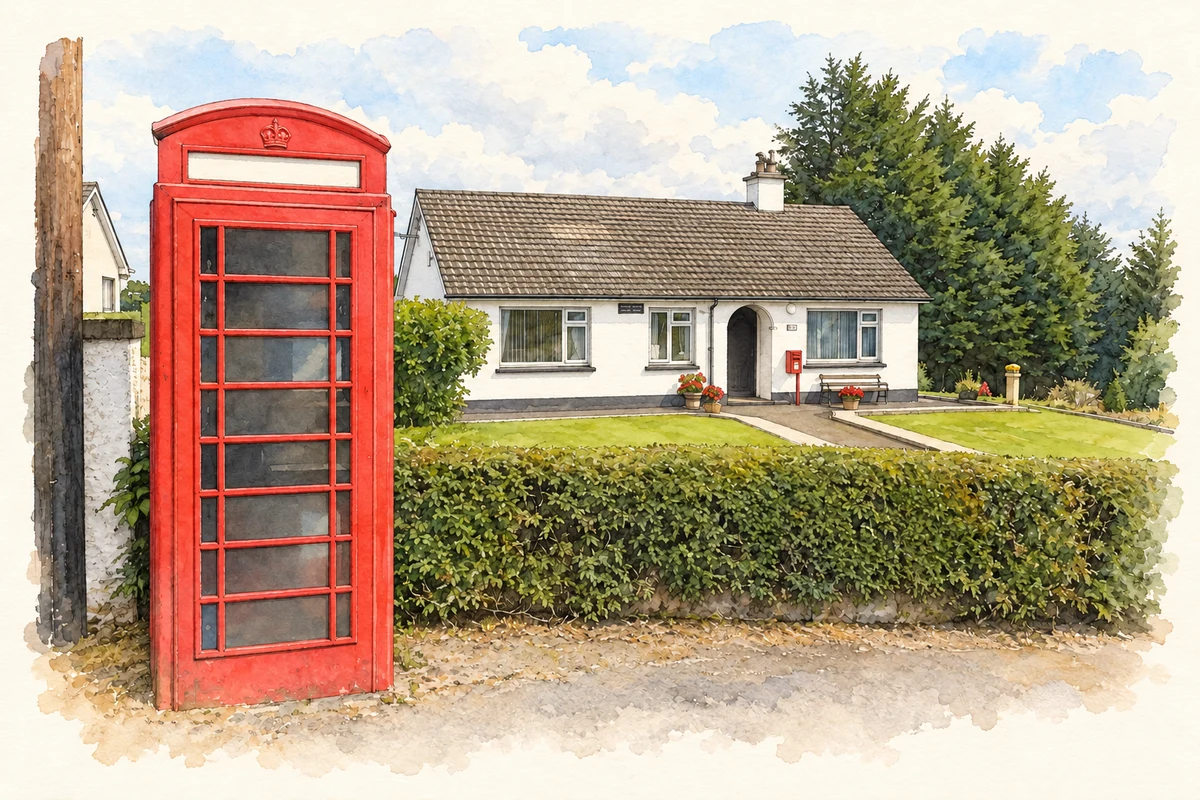 Watercolour and fine ink illustration of Harvey Hill Post Office near Herveyhill, as photographed in 2016.