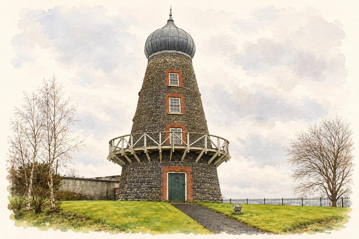 Watercolour and fine ink illustration of Knockloughrim Windmill at Knockcloghrim, as photographed in 2007.