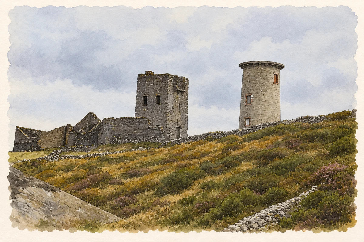Watercolour and fine ink illustration of Old lighthouse and signal tower, Cape Clear Island, County Cork.