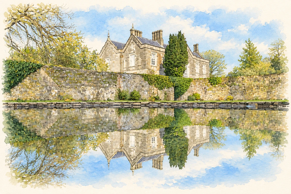 Watercolour and fine ink illustration of Learmount coach house and garden, near Park, County Derry.