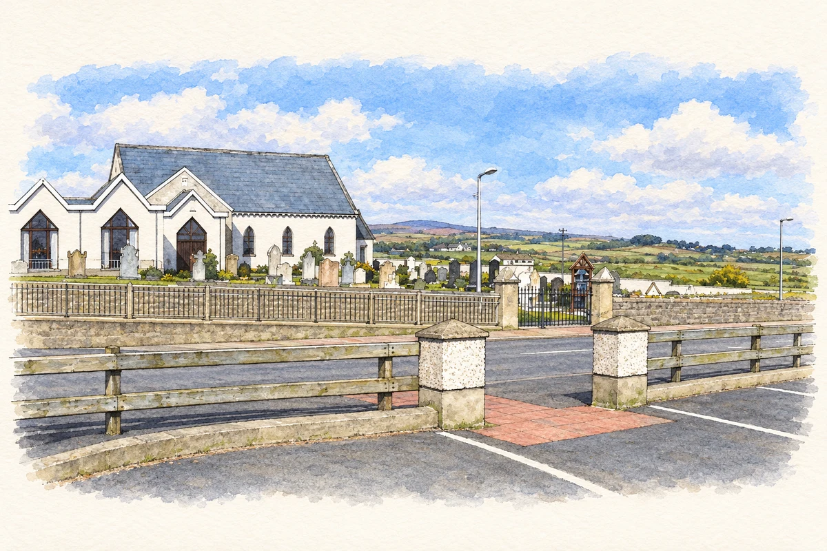 Watercolour and fine ink illustration of Ringsend Presbyterian Church, County Derry, as photographed in April 2008.