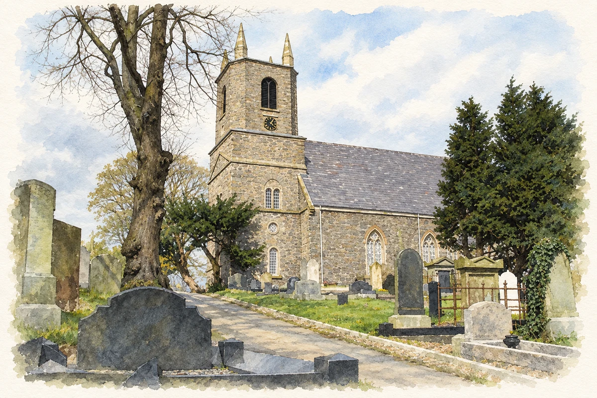 Watercolour and fine ink illustration of Holy Trinity Church, Ballylesson.