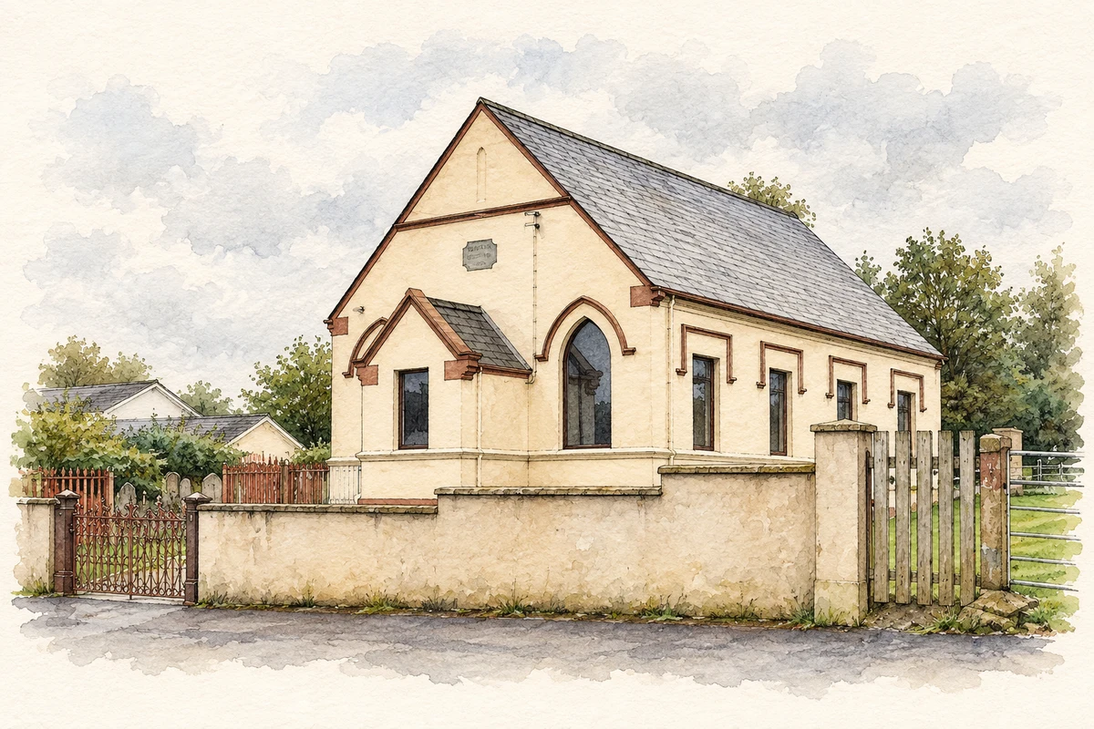 Watercolour and fine ink illustration of Methodist church, Blackskull.
