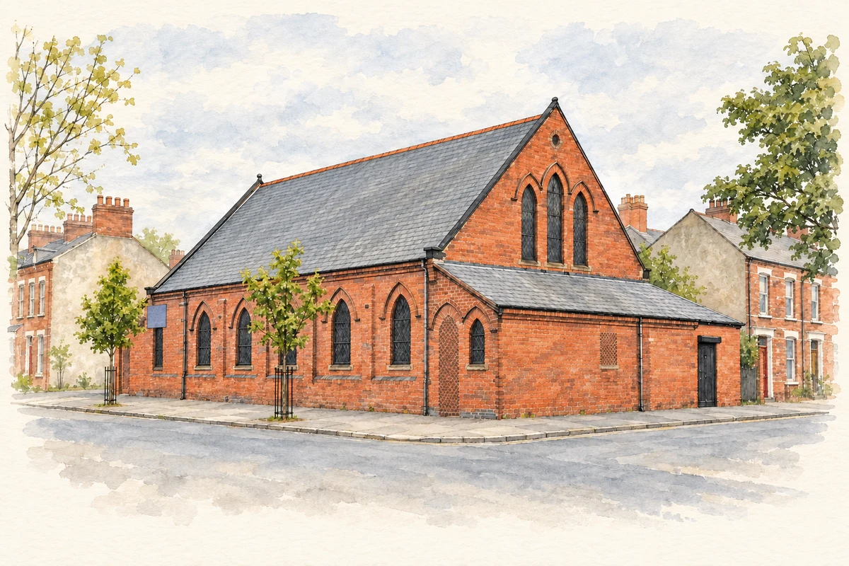 Watercolour and fine ink illustration of Congregational church, Bloomfield, 2011.