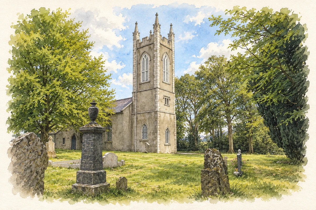 Watercolour and fine ink illustration of Kilcoo parish church, Bryansford.