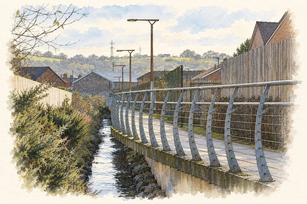 Watercolour and fine ink illustration of Raised walkway on Connswater Greenway, Loop River.