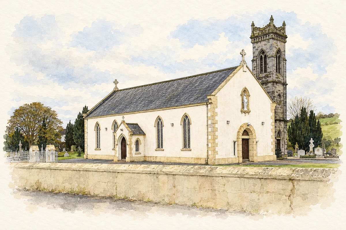 Watercolour and fine ink illustration of Saint John the Baptist Chapel, Drumaroad, as photographed in2015.