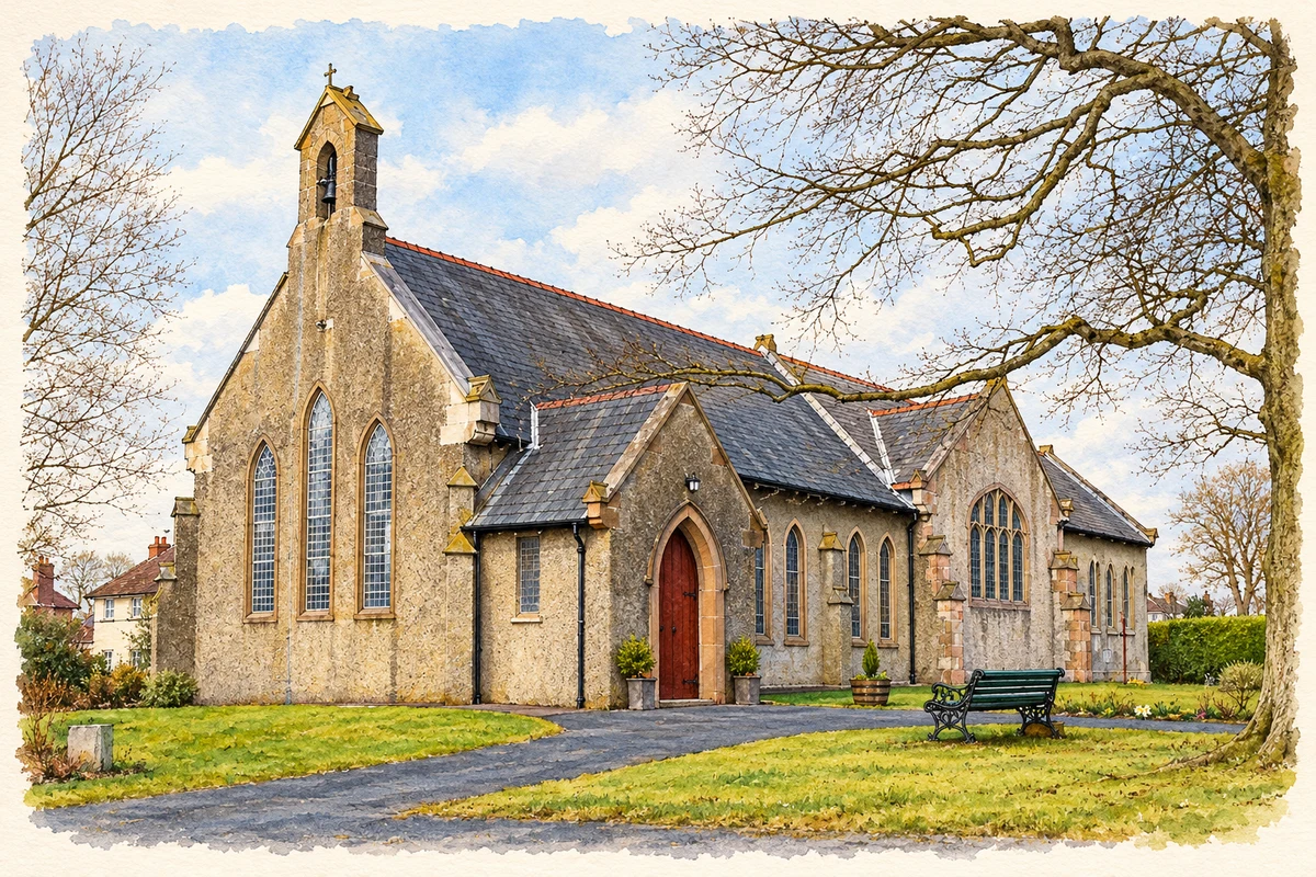 Watercolour and fine ink illustration of St John Baptist Church, Helen’s Bay.