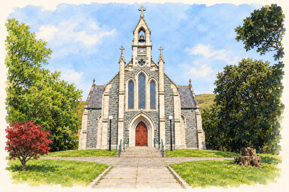 Watercolour and fine ink illustration of The Church of the Sacred Heart in the Killowen district.