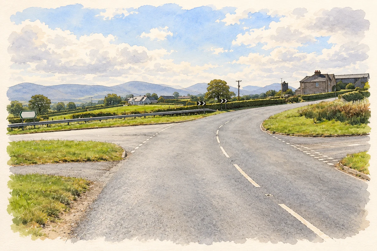 Watercolour and fine ink illustration of May’s Corner Road (B10) at the Greenhill Road junction, as photographed in September 2007.