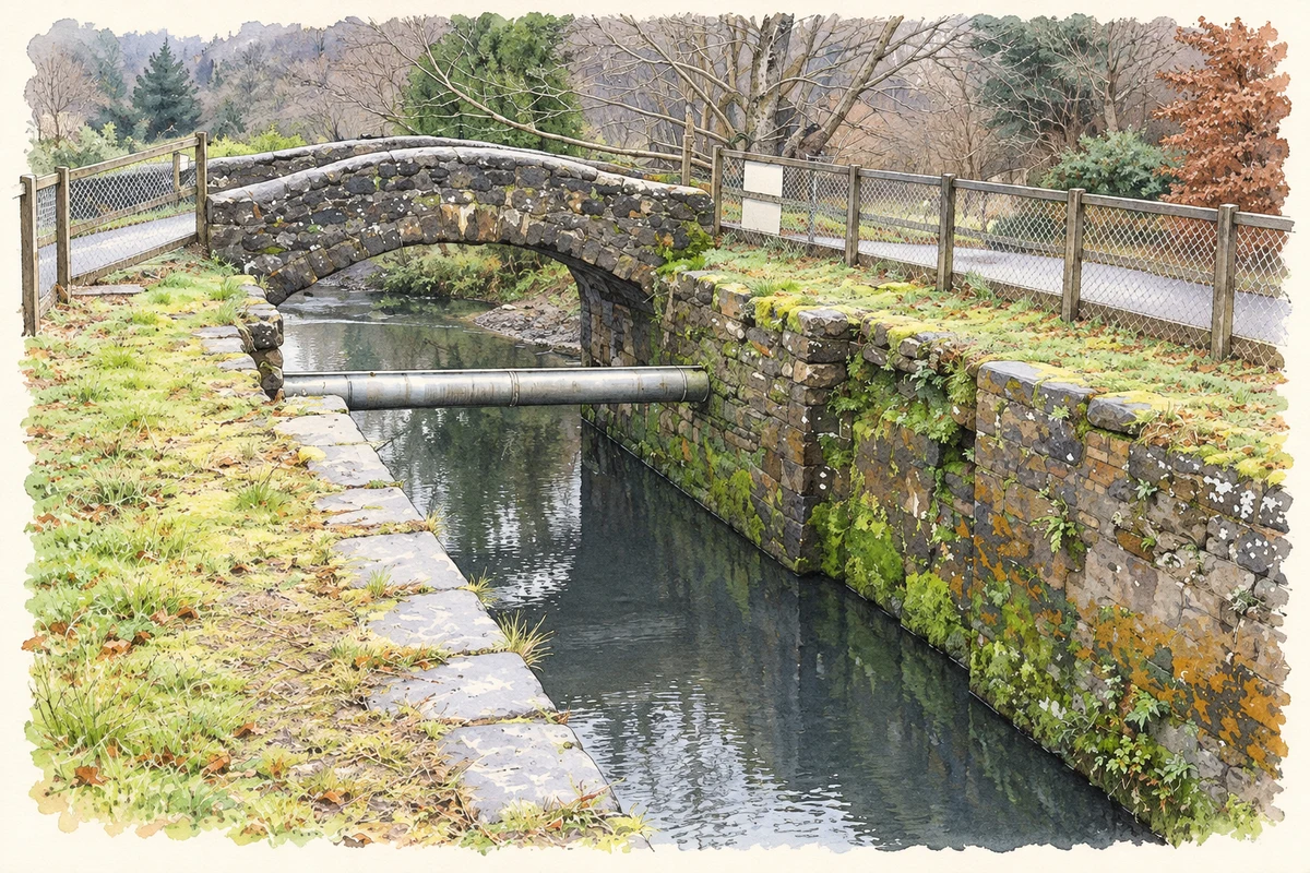 Watercolour and fine ink illustration of The stone bridge at McLeave’s Lock on the Lagan Navigation, as photographed in December 2008.