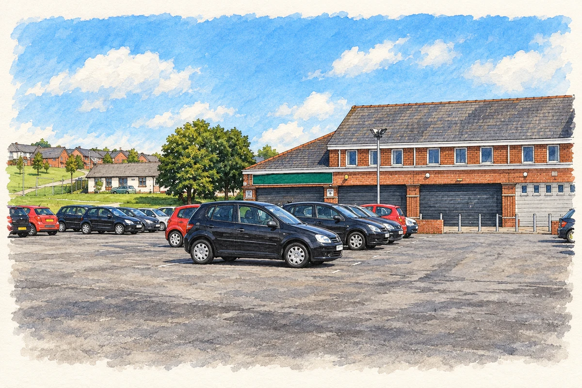 Watercolour and fine ink illustration of Ballymote Shopping Centre, with the Model Farm estate in the background, as photographed in August 2009.