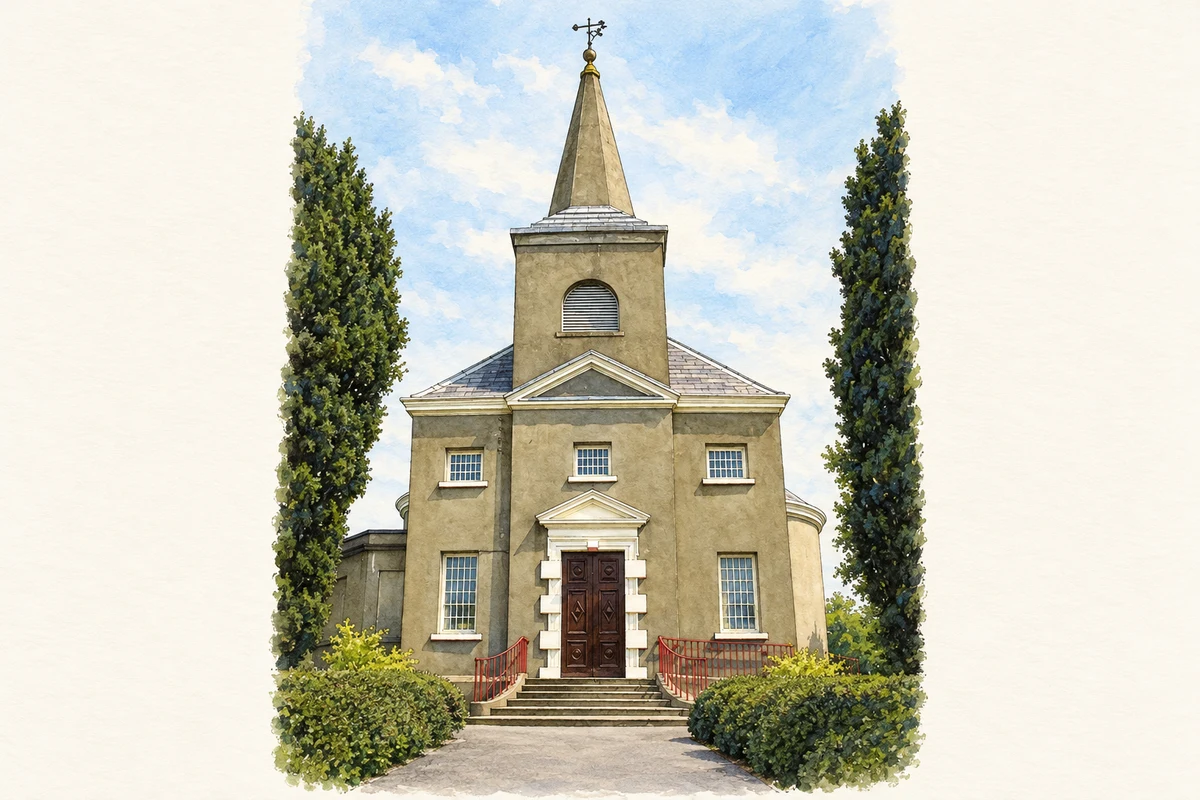 Watercolour and fine ink illustration of Knockbreda Parish Church near Newtownbreda, as photographed in May 2008.