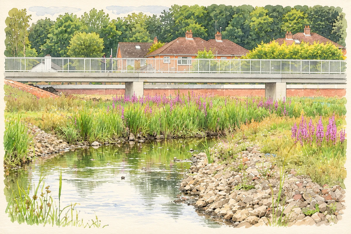 Watercolour and fine ink illustration of A footbridge in Orangefield Park, Belfast, as photographed in July 2014.