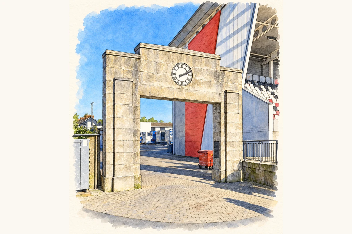 Watercolour and fine ink illustration of The Ulster Rugby War Memorial at Ravenhill, Belfast, as photographed in March 2026.