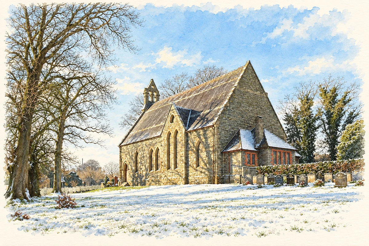 Watercolour and fine ink illustration of Spa Presbyterian Church, The Spa, County Down.