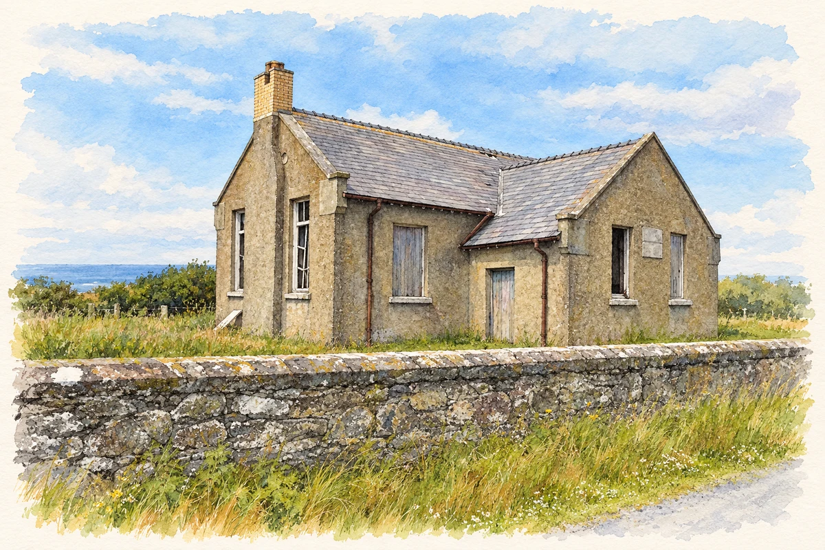 Watercolour and fine ink illustration of Former Ballymichael National School, near Ballylar.