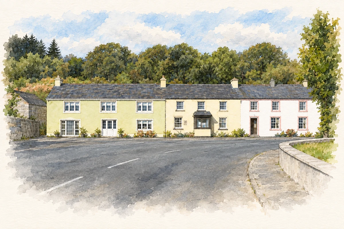 Watercolour and fine ink illustration of Village houses at Doochary.