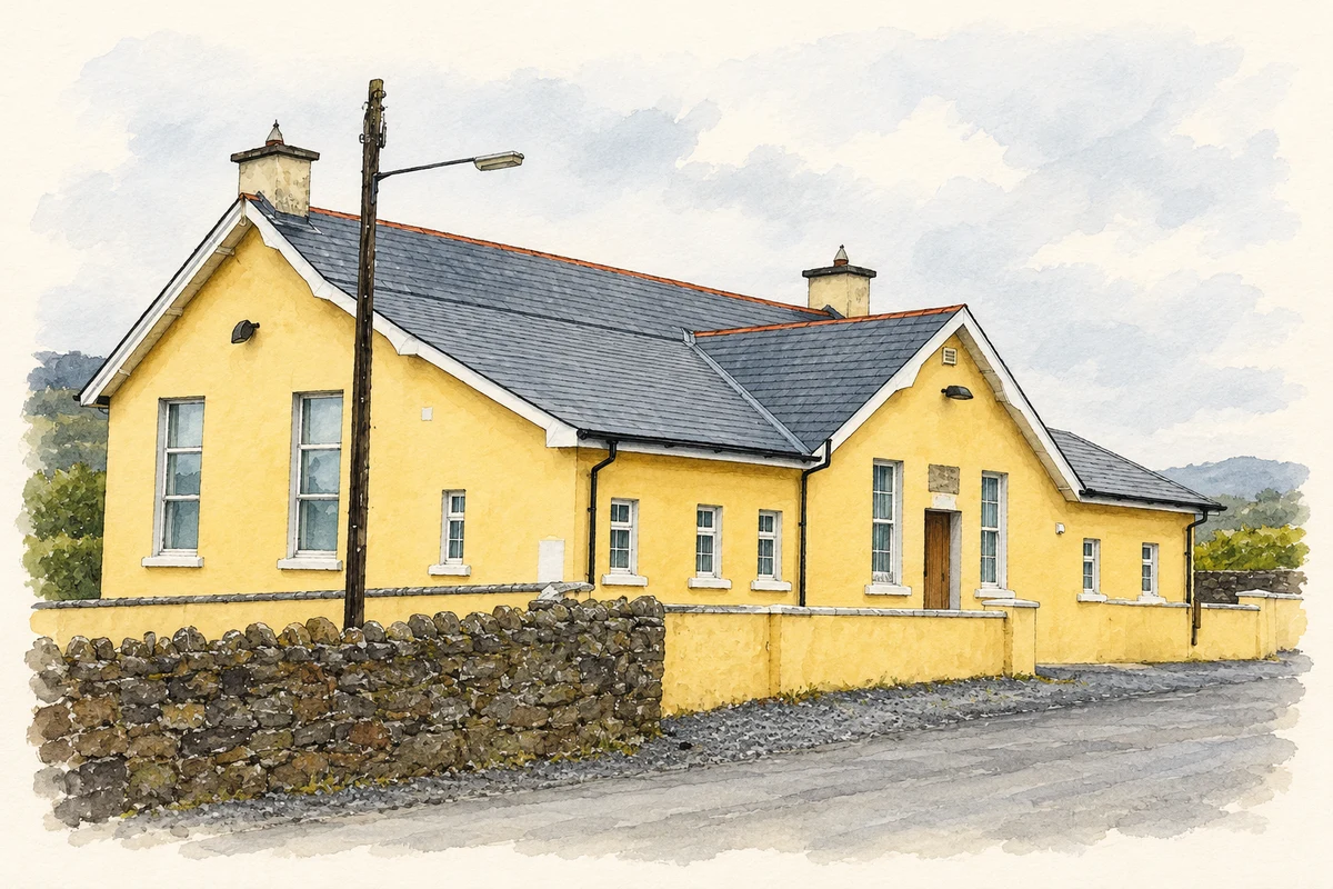 Watercolour and fine ink illustration of Former national school and community centre near Glenvar, as photographed in 2008.