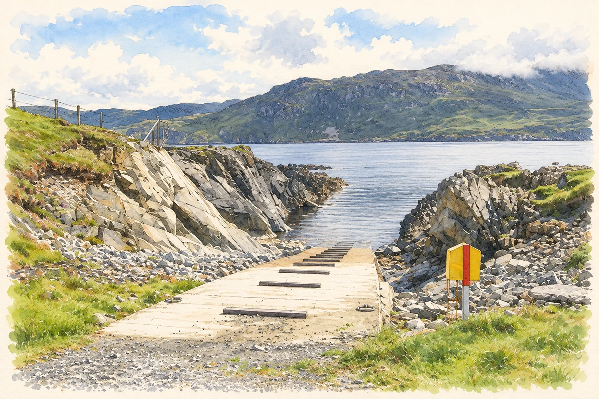 Watercolour and fine ink illustration of Slipway at Loughros Point, as photographed in July 2007.