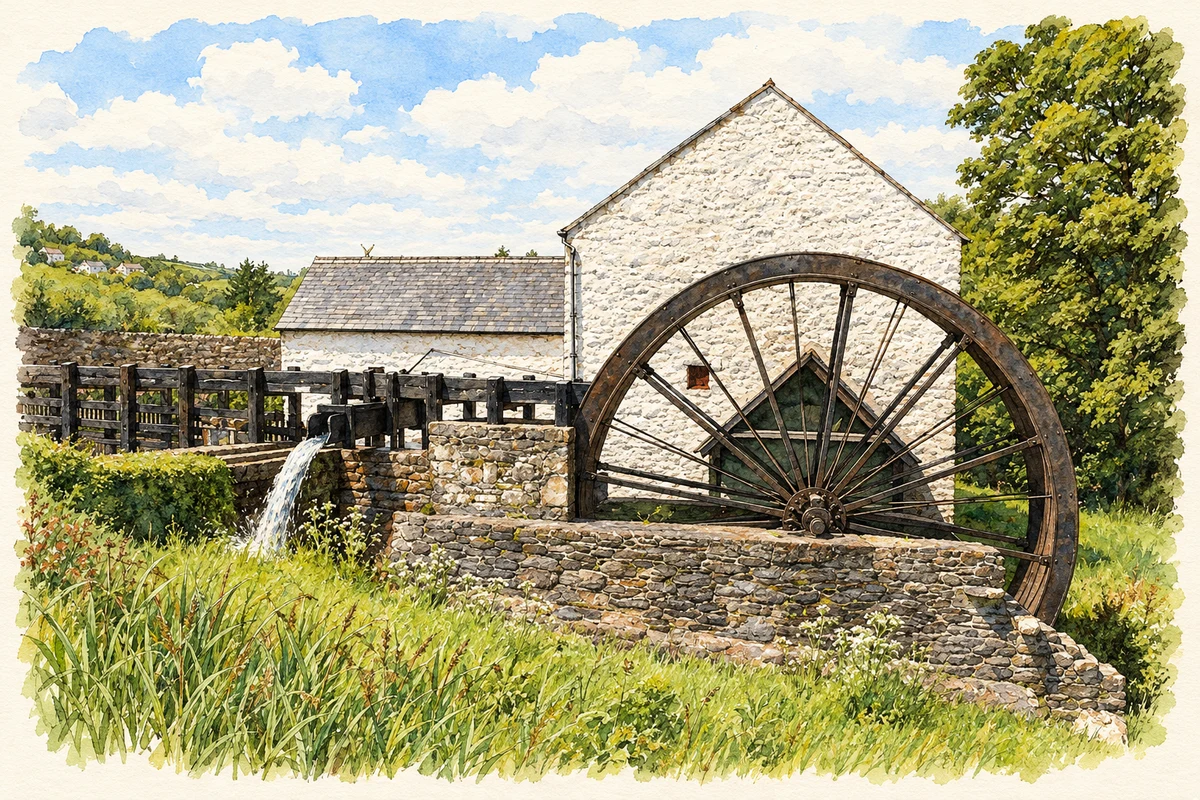 Watercolour and fine ink illustration of The corn mill and waterwheel at Newmills, near Letterkenny, as photographed in May 2007.